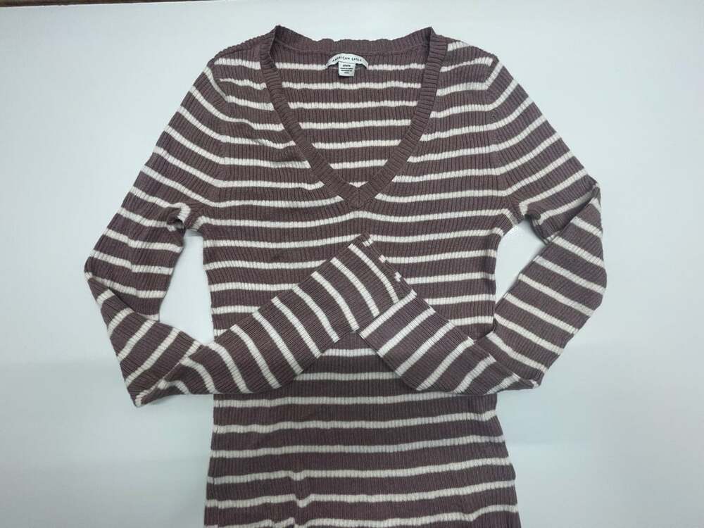 American Eagle Striped V-Neck Sweater Size M Brown
